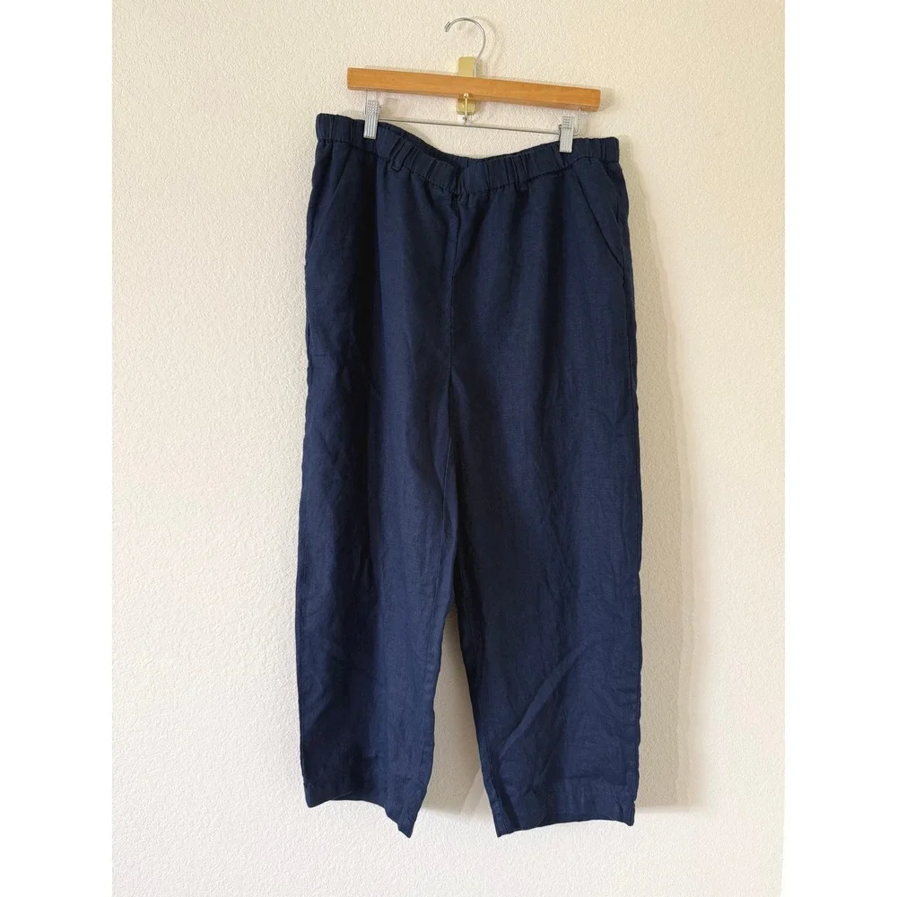 Quince Women's Blue 100% European Linen Wide Leg High Rise Pants XL Minimalist